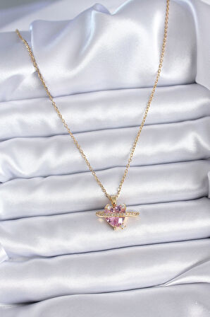  316L Çelik Gold Renk Zincir Pembe Kristal Kalp Model Zirkon Taş Detay Kadın Kolye