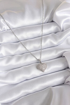  316L Çelik Zincir Gümüş Renk Zirkon Taş Detay Kalp Model Kadın Kolye