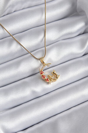  316L Çelik Gold Renk Hilal Kedi Model Zirkon Taşlı Detay Kadın Kolye
