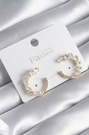  Pirinç Gold Renk Zirkon Taşlı Kadın Küpe