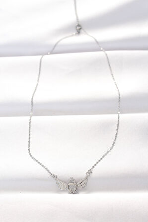  316L Çelik Silver Renk Zirkon Taşlı Kalpli Kanat Kolye