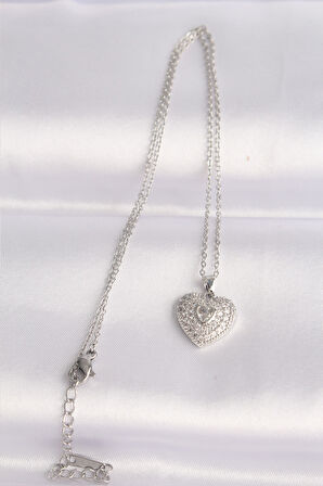  316L Çelik Zincir Gümüş Renk Zirkon Taşlı Kalp Kolye