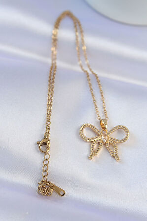  316L Çelik Zincir Gold Renk Zirkon Taşlı Fiyonk Kolye