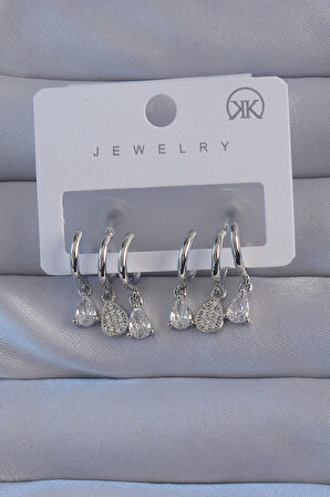  Pirinç Gümüş Renk Zirkon Taşlı Damla Model Çoklu Görünüm Yarım Halka Küpe