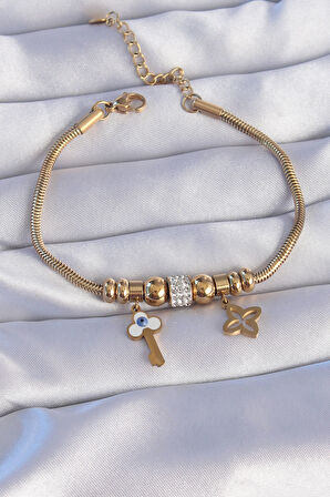  316L Çelik Gold Renk Zirkon Taşlı Yonca Detay Nazarlı Anahtar Tasarımlı Bileklik