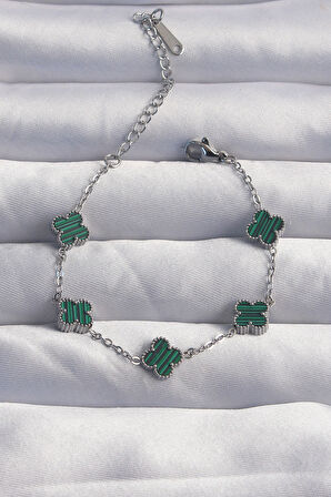  316L Çelik Baby Boy Gümüş Renk Çizgili Yeşil Mineli Yonca Bileklik