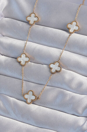  316L Çelik Gold Renk Beyaz Sedefli Yonca Kolye