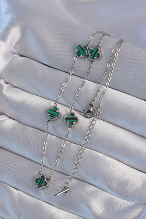  316L Çelik Gümüş Renk Minimal Yeşil Mineli Yonca Kolye