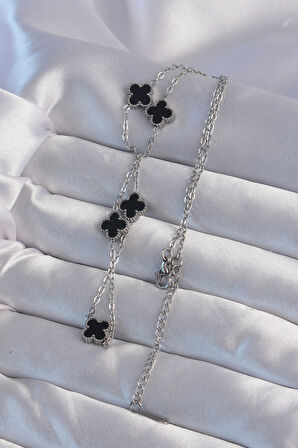  316L Çelik Gümüş Renk Minimal Siyah Mineli Yonca Kolye