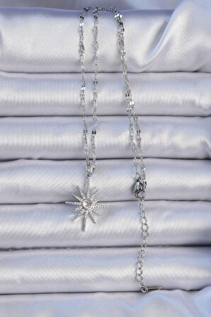  316L Çelik Zincir Gümüş Renk Zirkon Taşlı Kutup Yıldızı Kolye