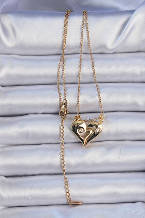  316L Çelik Zincir Altın Renk Zirkon Taşlı Mıknatıslı Kalp Kolye