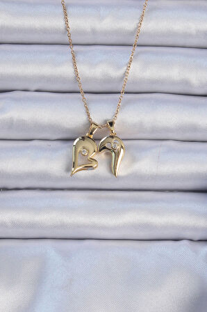  316L Çelik Zincir Altın Renk Zirkon Taşlı Mıknatıslı Kalp Kolye