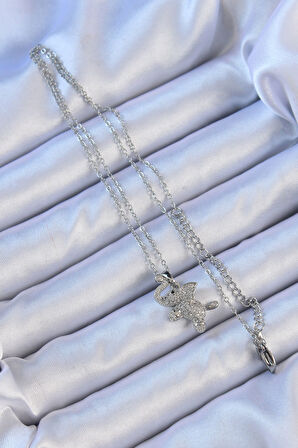  316L Çelik Zincir Gümüş Renk Zirkon Taşlı Fil Kolye