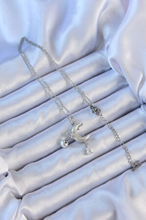  316L Çelik Zincir Gümüş Renk Zirkon Taşlı Kelebekli Mineli Ay Kolye