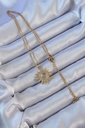  316L Çelik Zincir Altın Renk Zirkon Taşlı Parlayan Güneş Kolye