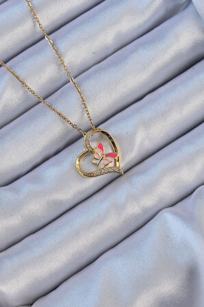  316L Çelik Zincir Altın Renk Mineli Kelebek Figür Zirkon Taşlı Kalp Kolye