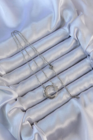  316L Çelik Zincir Gümüş Renk Zirkon Taşlı Motifli Ay Yıldız Kolye