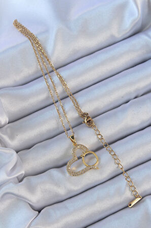  316L Çelik Zincir Altın Renk Zirkon Taşlı Yüzüklü Kalp Kolye