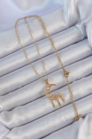  316L Çelik Zincir Altın Renk İşlemeli Zirkon Taşlı Ay Kolye