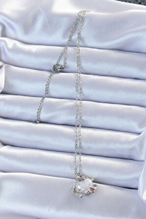  316L Çelik Zincir Gümüş Renk Zirkon Taşlı Gezegen Görünümlü Kalp Kolye