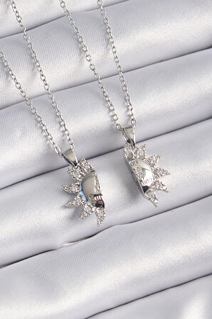  316L Çelik Gümüş Renk Zirkon Taşlı Güneş Model İşleme Yazı Detay Arkadaşlık Kolyesi