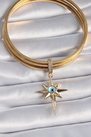  Pirinç Gold Renk Zirkon Taşlı Kutup Yıldızı Nazar Boncuk Detay Ajda Charm