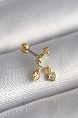  316L Çelik Gold Renk Beyaz Mineli Kalp Sallantı Zirkon Taşlı Tragus Piercing