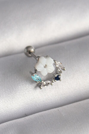  316L Çelik Gümüş Renk Zirkon Taş Detay Beyaz Çiçek Model Tragus Piercing