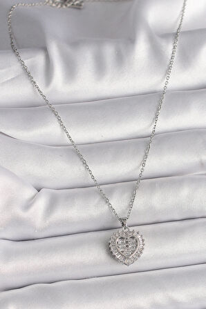  316L Çelik Gümüş Renk Zincir Zirkon Taşlı Kalp Model Kadın Kolye
