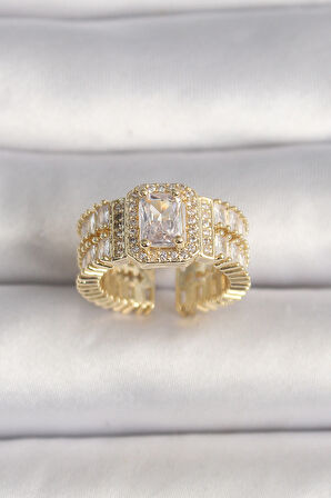  Pirinç Gold Renk Ayarlanabilir Baget Zirkon Taş Model Kadın Yüzük