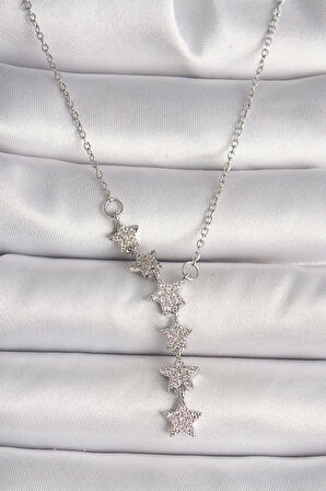  316L Çelik Gümüş Renk Zincir Zirkon Taşlı Yıldız Model Kadın Kolye
