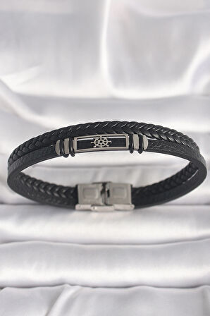  316L Çelik Gümüş Renk Gemi Dümeni Figür Siyah Burgu Deri Kordon Model Erkek Bileklik