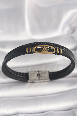  316L Çelik Gold Renk Gemi Dümen Figür Siyah Renk Çift Sıra Burgu Desenli Deri Kordon Erkek Bileklik
