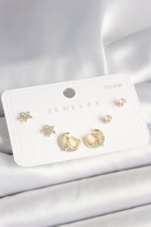  925 Ayar Gümüş Çivi Zirkon Taşlı Hilal Yıldız Model Kadın Küpe Seti