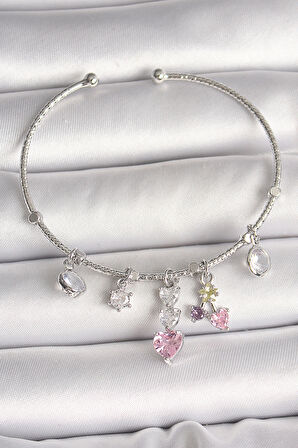  Pirinç Gümüş Renk Sallantı Zirkon Taşlı Kalp Figür Charm Kadın Bileklik