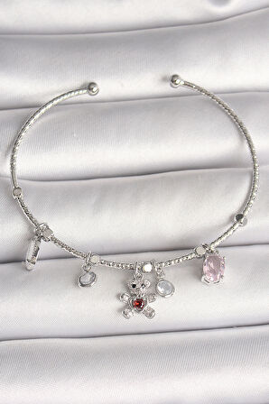  Pirinç Gümüş Renk Sallantı Zirkon Taşlı Ayıcık Figür Kırmızı Taş Detay Charm Kadın Bileklik