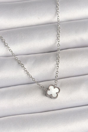  316L Çelik Gümüş Renk Beyaz Yonca Model Kadın Kolye