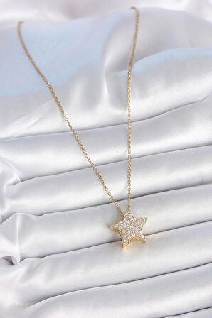  316L Çelik Gold Renk Zincir Zirkon Taşlı Yıldız Model Kadın Kolye