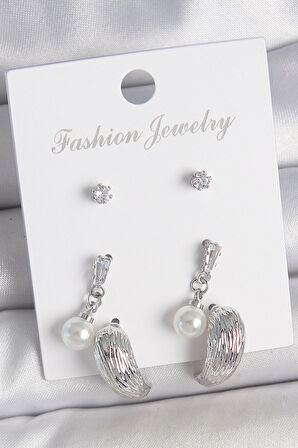  Pirinç Gümüş Renk Sallantılı Zirkon Taşlı Damla Model 3 Çift Kadın Küpe Seti