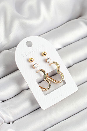  Pirinç Zirkon Taş Ve Kalp Figürlü Gold Renk 3'lü Çift Kadın Küpe Set