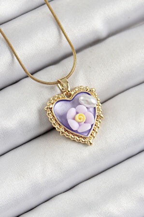  316L Çelik Zincir Mor Sanatsal Portre İnci Detaylı Papatya Figürlü Kalp Model Gold Renk Kadın Kolye
