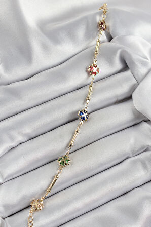  Pirinç Gold Renk Karışık Renk Yonca Zirkon Taşlı Kadın Bileklik