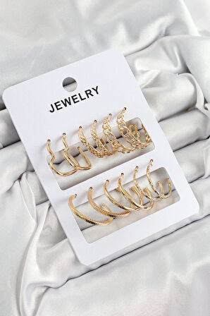  Pirinç Karışık Halka Model Gold Renk 6 Çift Kadın Küpe Set