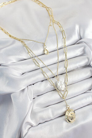  Pirinç Çoklu Zincirli İncili Deniz Kabuğu Model Gold Renk Kadın Kolye