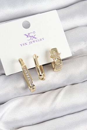  Pirinç Zİrkon Taşlı Yıldız Model Gold Renk 3'lü Kadın Küpe