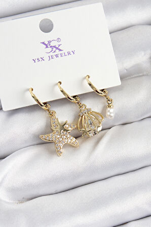  Pirinç Zİrkon Taşlı Deniz Yıldızı Ve İstiridye Model Gold Renk 3'lü Kadın Küpe