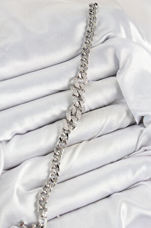  Pirinç Zirkon Taşlı Küba Zincir Model Gümüş Renk Kadın Bileklik