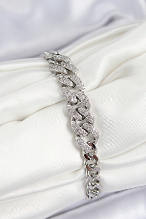  Pirinç Zirkon Taşlı Küba Zincir Model Gümüş Renk Kadın Bileklik