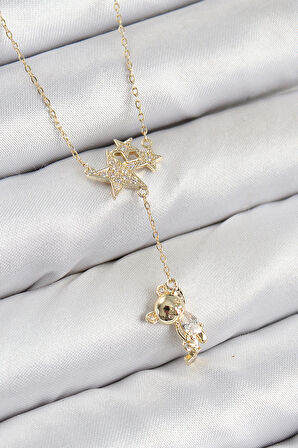  Pirinç Zirkon Taşlı Sallantılı Ayıcıklı Yıldız Model Gold Renk Kadın Kolye
