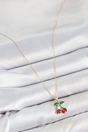  Pirinç Zirkon Taşlı Kiraz Model Gold Renk Kadın Kolye